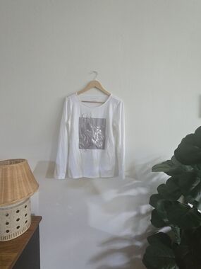 Ann Taylor White Tee with Subtle Silver Graphic